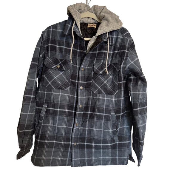 Redhead Dark Blue Plaid Size Medium Flannel Creek Hoodie $40 Full Zip Snap Butto - Picture 1 of 8